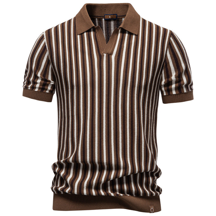 Men's striped knit polo shirt short sleeve made of fine cotton blend with polo collar and ribbed cuffs Mune Fashion