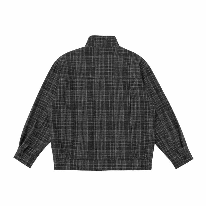 Men's Short Cut Wool Blend Puffer Jacket with Check Pattern and Stand Collar Mune Fashion
