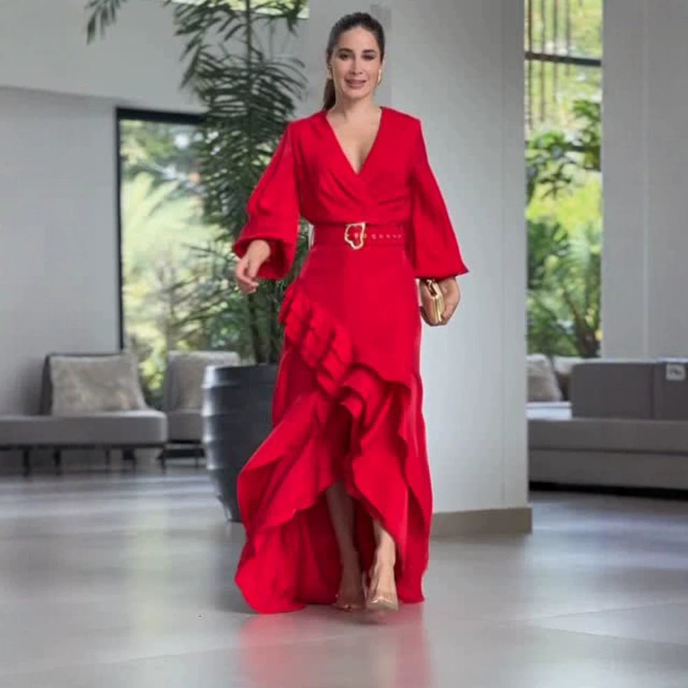 Women's Elegant Wrap Maxi Dress with Ruffles, Fitted Belt & Wide Bell Sleeves Mune Fashion