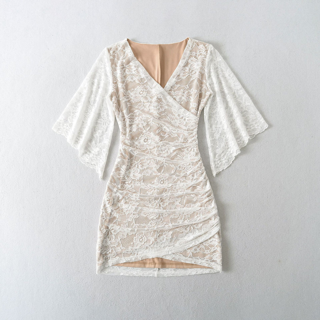 Women's lace wrap dress with trumpet sleeves and gathered silhouette Mune Fashion