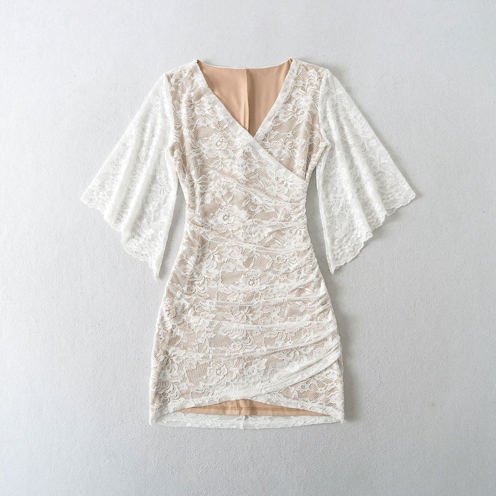 Women's lace wrap dress with trumpet sleeves and gathered silhouette Mune Fashion