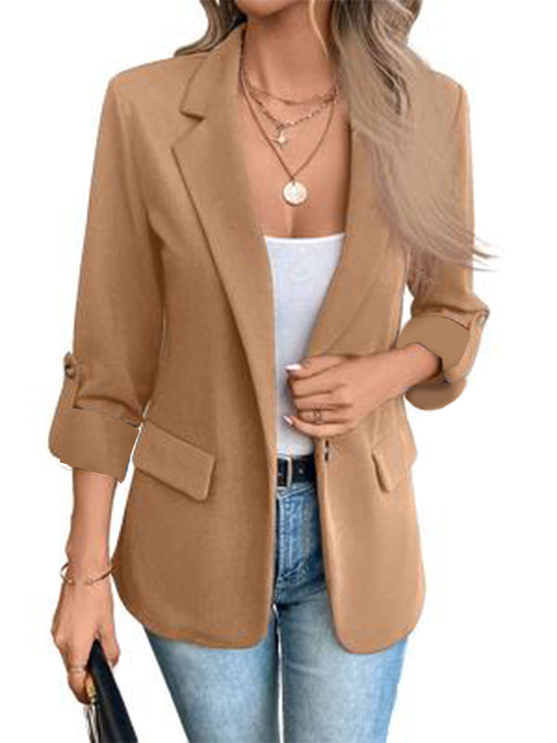 Women's tailored business blazer with cap sleeves, turned-up cuffs, and decorative buttons Mune Fashion