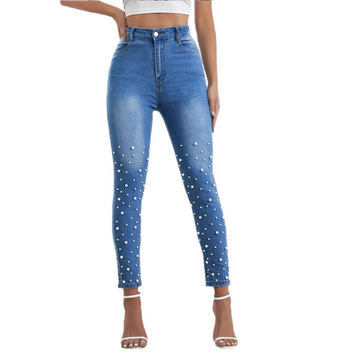 Women high-waisted skinny jeans with pearl appliqué Mune Fashion