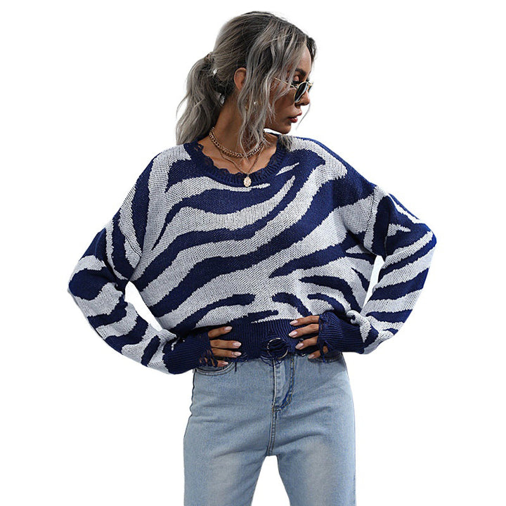Ladies Stylish Cropped Sweater with Zebra Pattern Mune Fashion