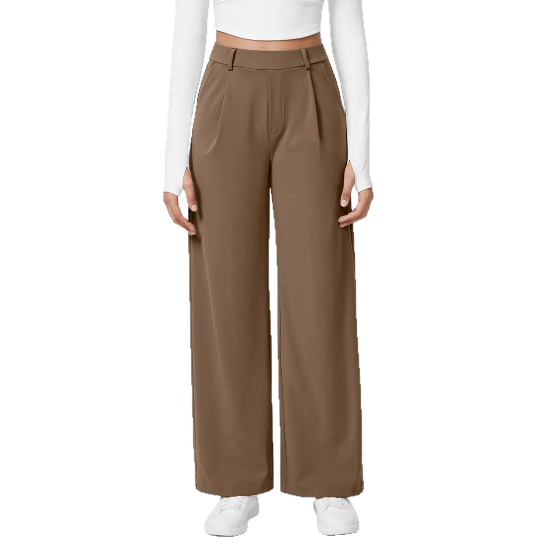 Ladies high-waisted pleated trousers with wide leg, belt loops and side pockets Mune Fashion