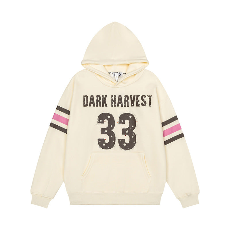 Women's oversized hoodie with vintage number print, studded detailing, and contrast stripes on the sleeves Mune Fashion