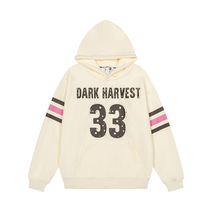 Women's oversized hoodie with vintage number print, studded detailing, and contrast stripes on the sleeves Mune Fashion