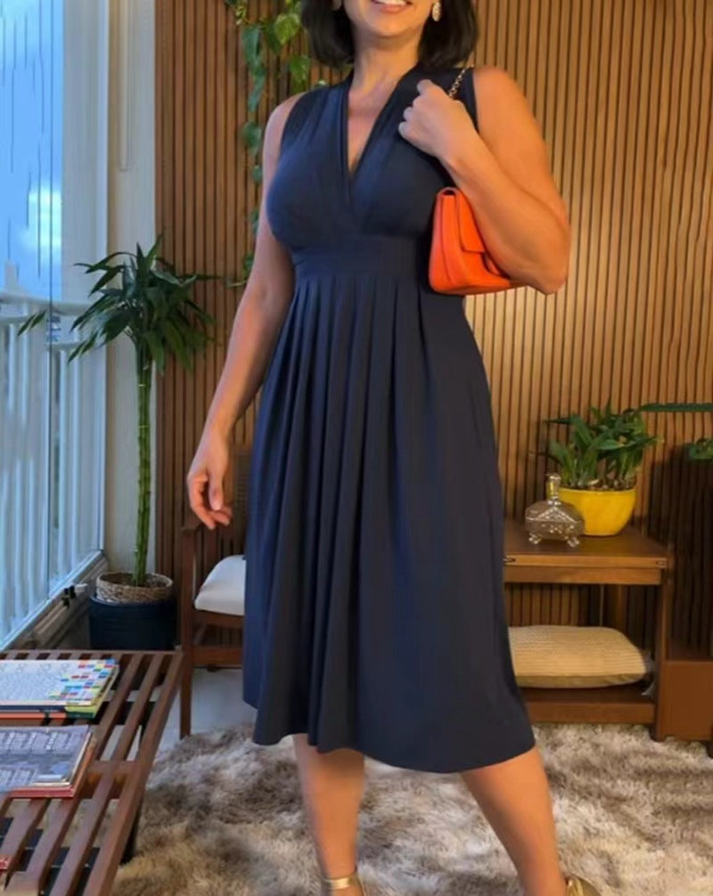 Women's sleeveless V-neck midi dress with underbust seam and flattering pleated skirt Mune Fashion