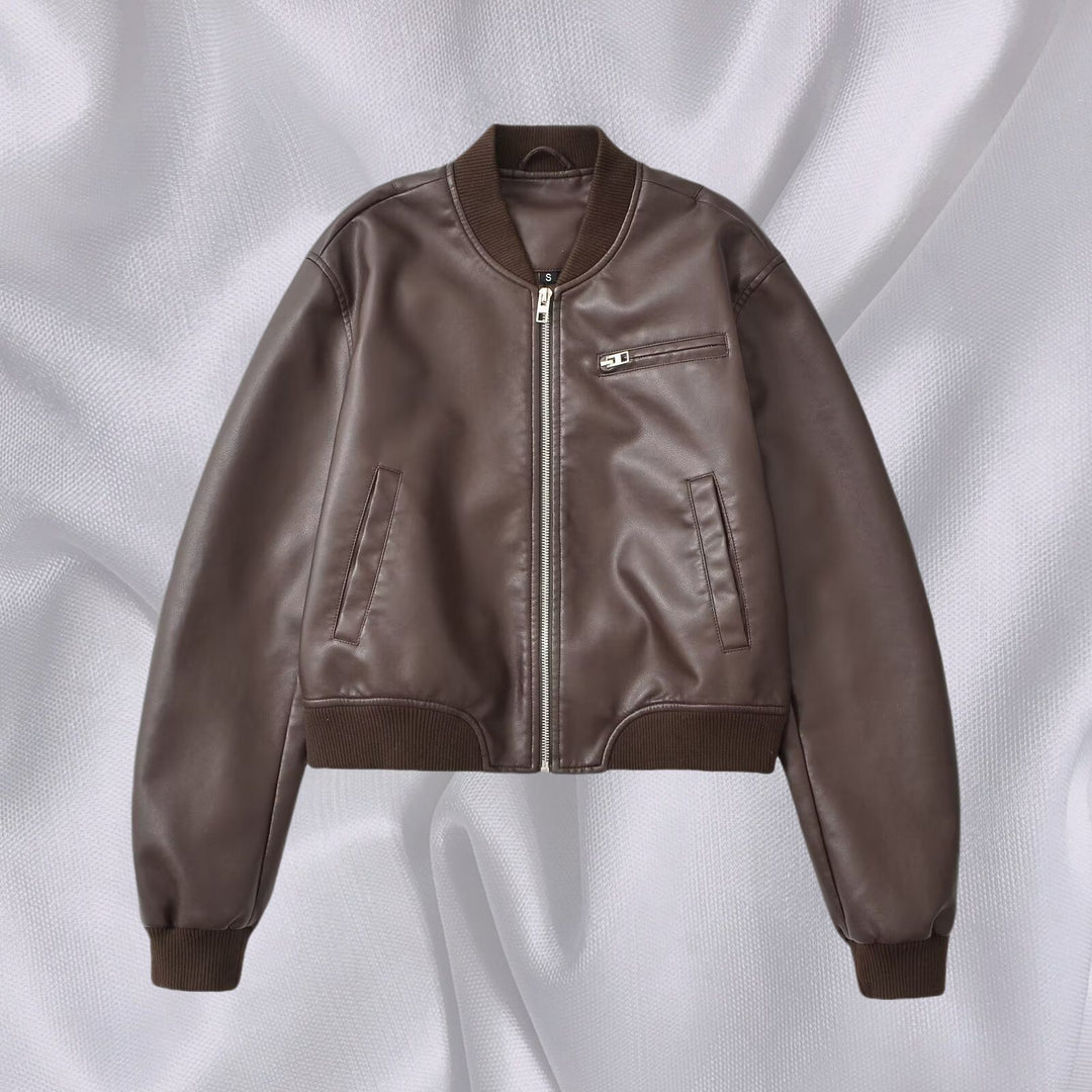 Women Short Leather Look Bomber Jacket with Ribbed Cuffs and Chest Zipper Pocket Mune Fashion