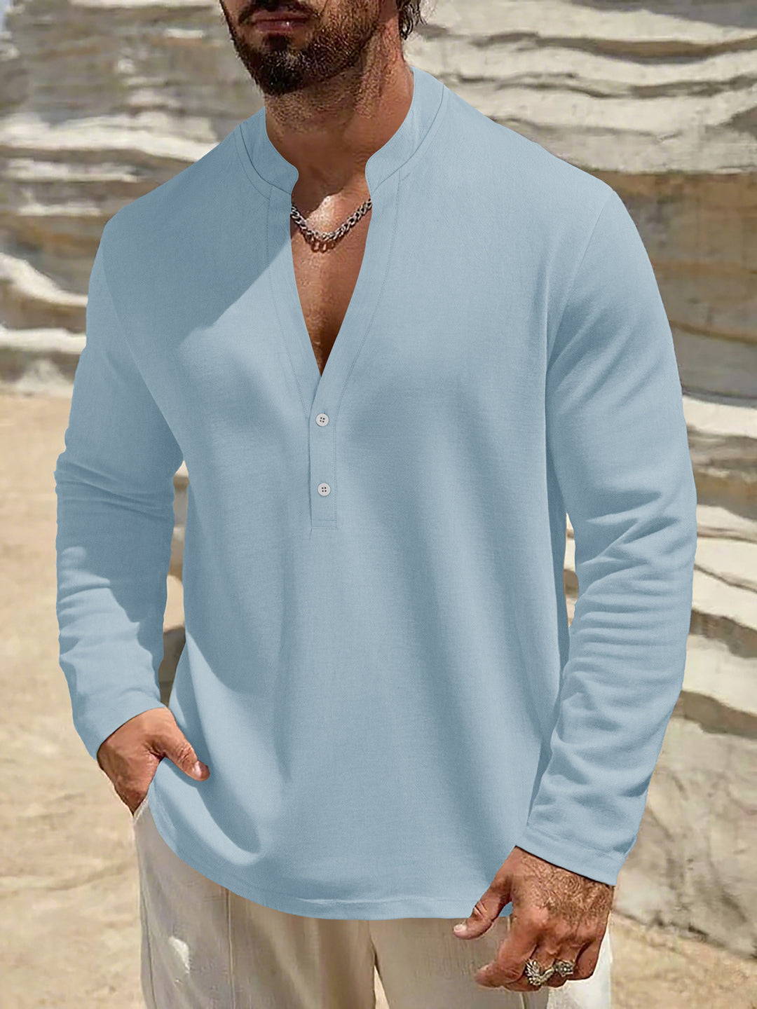 Men's loose-fitting tunic shirt with mandarin collar, two-button Henley placket, and light texture Mune Fashion
