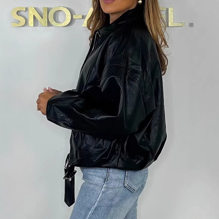 Women's Fashion Faux Leather Jacket with Waistbelt