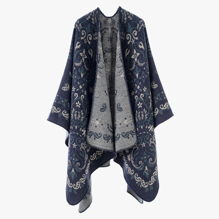 Women's Reversible Jacquard Cape Wrap with Ornamental Structure Mune Fashion
