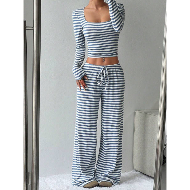 Women's Striped Lounge Two-Piece with Wide Leg and Cropped Long Sleeve Top Mune Fashion
