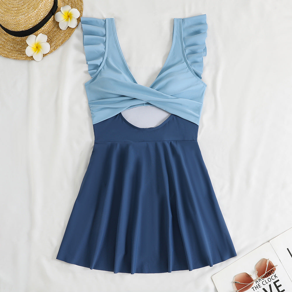 Women's swimsuit with floral ruffle design and skater-like skirt Mune Fashion