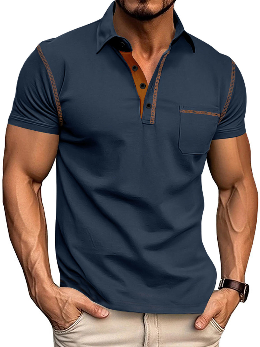 Men's short sleeve polo with chest pocket, contrasting quilted seam and shirt collar Mune Fashion