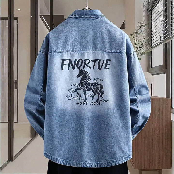 Men's loosely cut denim shirt jacket with artistic back print and overshirt cut Mune Fashion