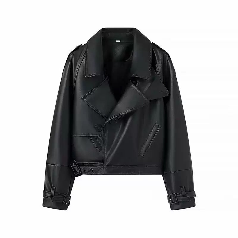 Women's longer tailored faux leather coat with shawl collar and tie belt Mune Fashion