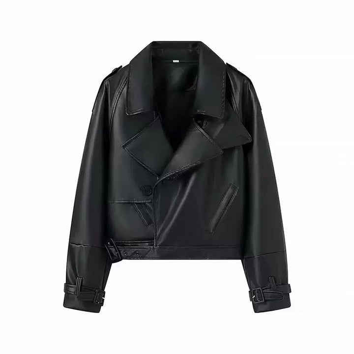Women's longer tailored faux leather coat with shawl collar and tie belt Mune Fashion