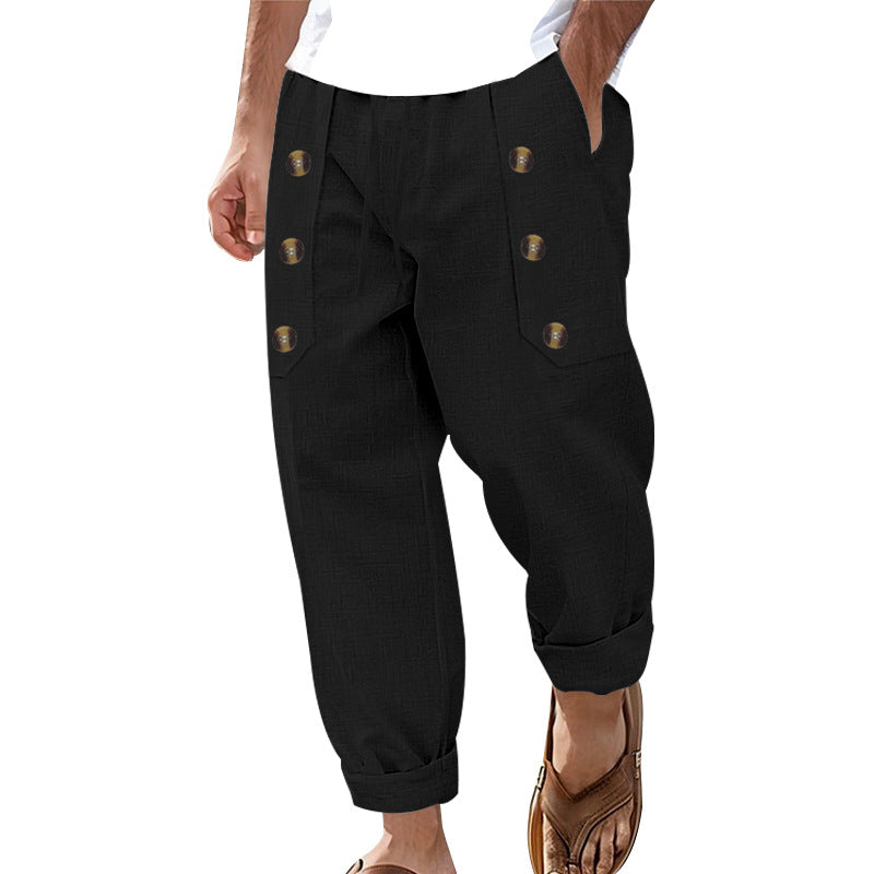 Men's loose linen trousers with decorative button stripes, rolled ankle cuffs, and side pockets Mune Fashion