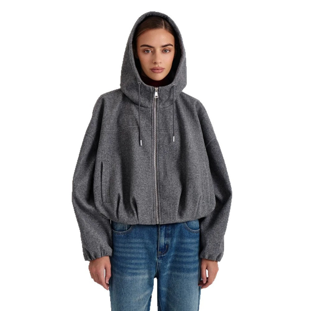 Women’s short jacket made of wool blend with hood, boxy silhouette & gathered hem Mune Fashion