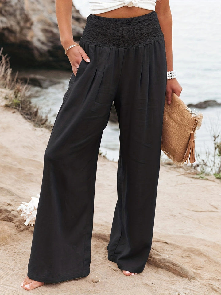 Women's Wide Linen Pants with Smocked Band and Side Pockets Mune Fashion