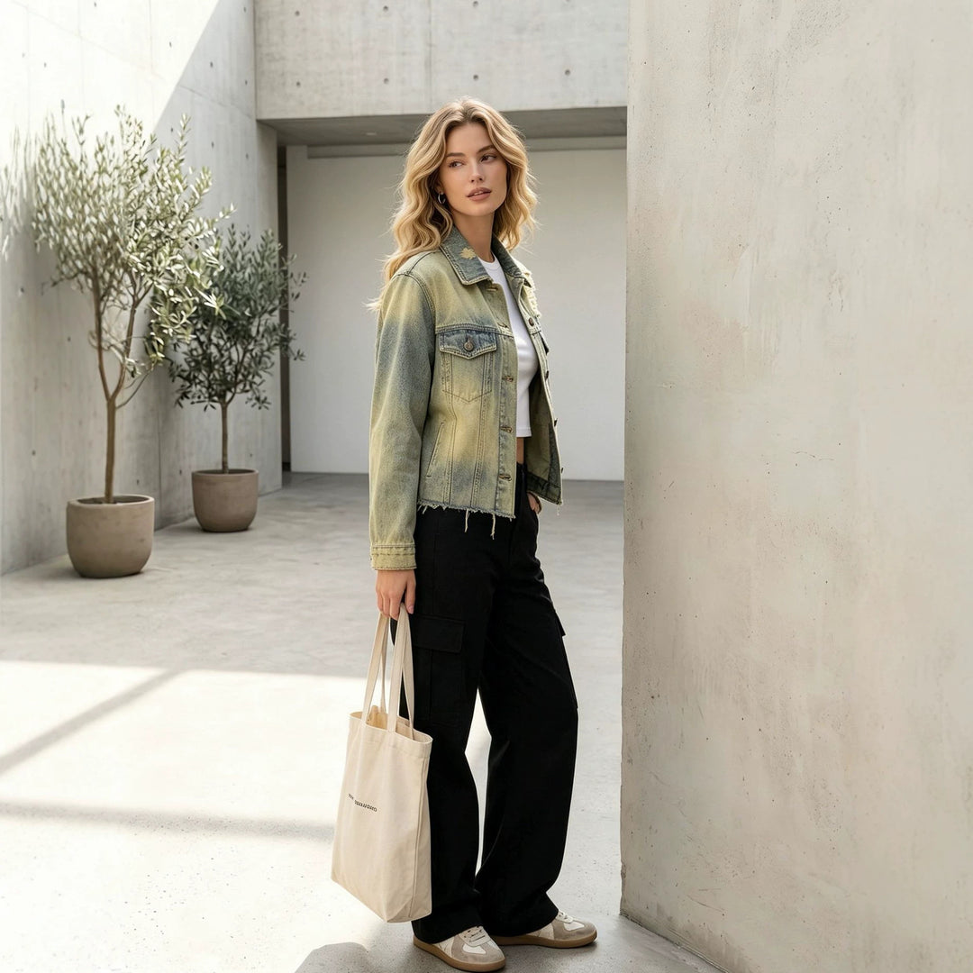 Women nan short denim jacket in destroyed look with chest pockets and raw hem Mune Fashion