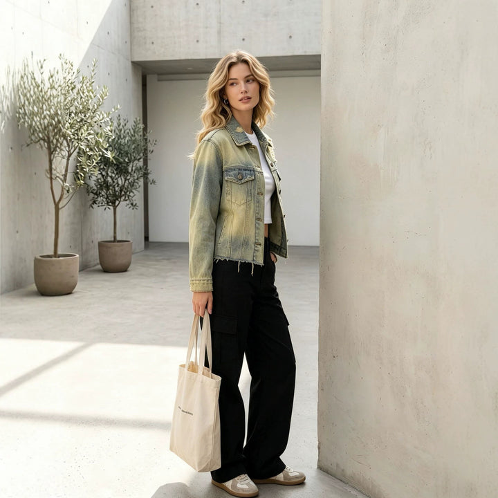 Women nan short denim jacket in destroyed look with chest pockets and raw hem Mune Fashion