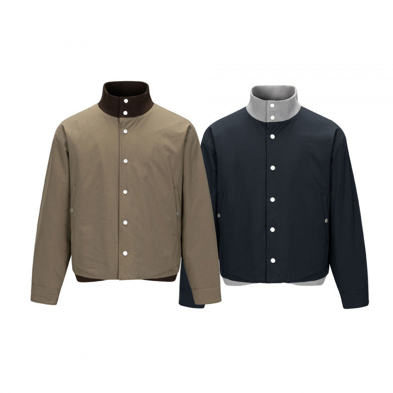 Men's short cut boxy bomber jacket with stand-up collar and snap button placket Mune Fashion