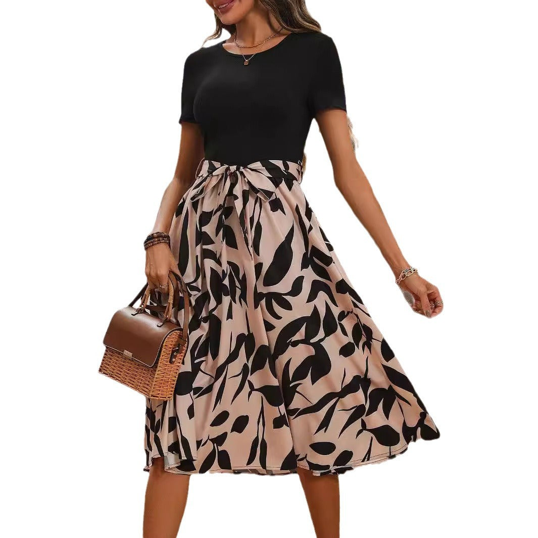 Ladies' fitted midi dress with contrast top, tied waist belt, and flowing A-line skirt Mune Fashion
