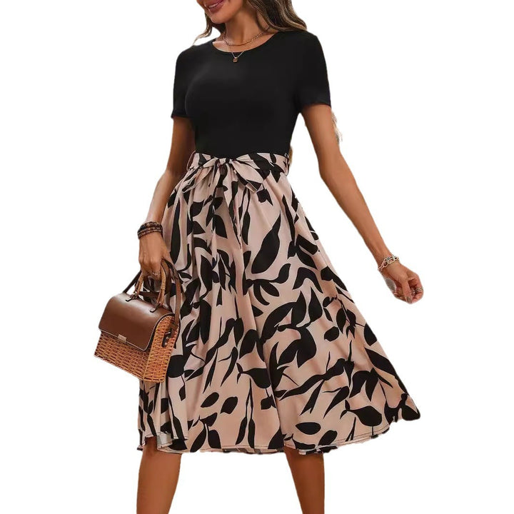 Ladies' fitted midi dress with contrast top, tied waist belt, and flowing A-line skirt Mune Fashion
