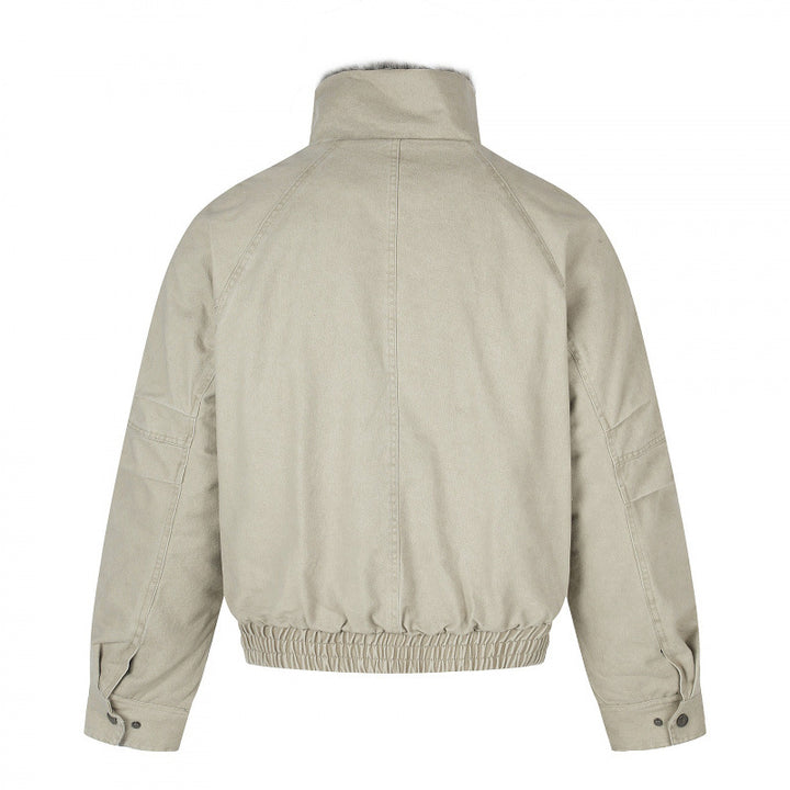 Women's Short Cut Corduroy Look Blouson Jacket with Faux Fur Lining and High Standing Collar Mune Fashion