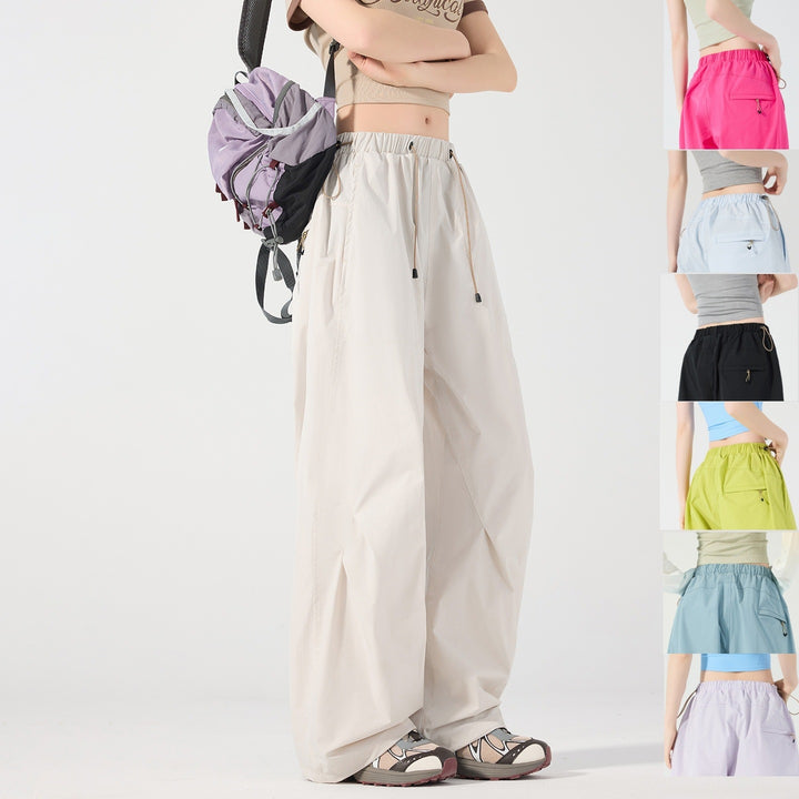 Women's Wide Nylon Baggy Pants with Elastic Drawstring Waistband & Utility Pockets Mune Fashion