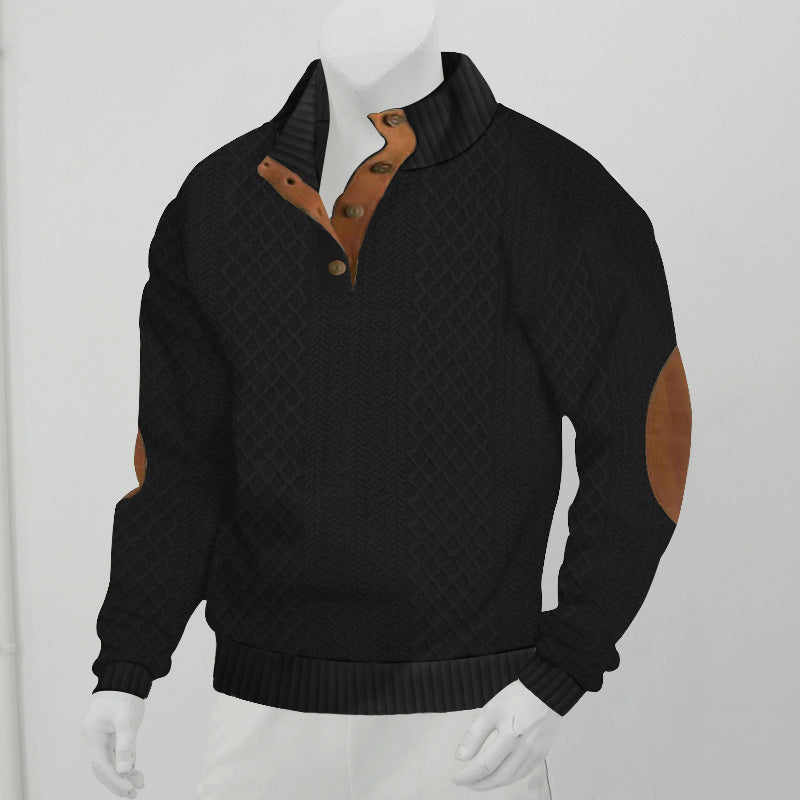 Men's cable knit turtleneck with stand-up collar, half button placket, and contrasting leather applications Mune Fashion