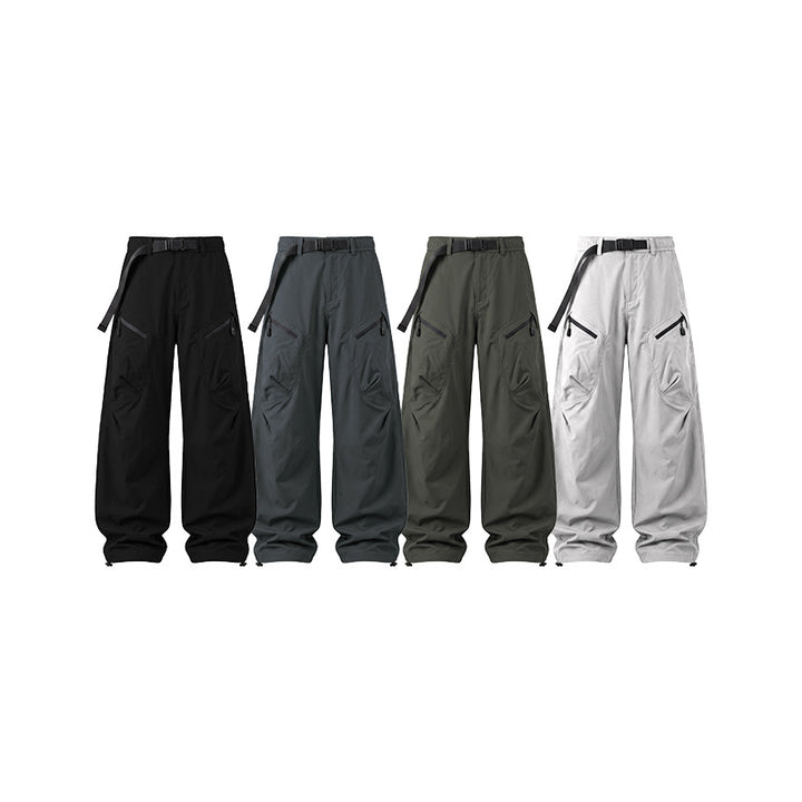 Men's Wide Ripstop Cargo Pants with Integrated Web Belt, Zipper Pockets, and Drawcord Finish Drune