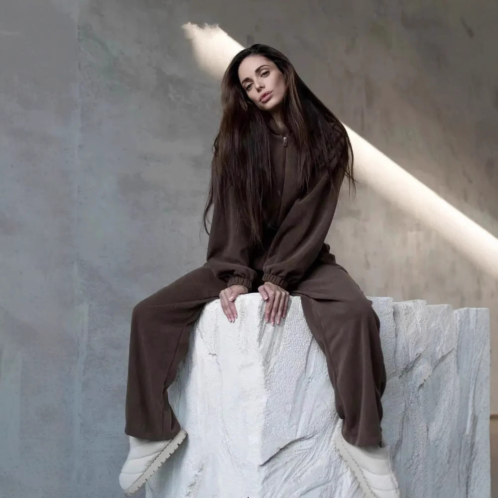 Women's Velour Loungewear Set with Short Zipper Hoodie and Wide High-Cut Palazzo Pants Mune Fashion