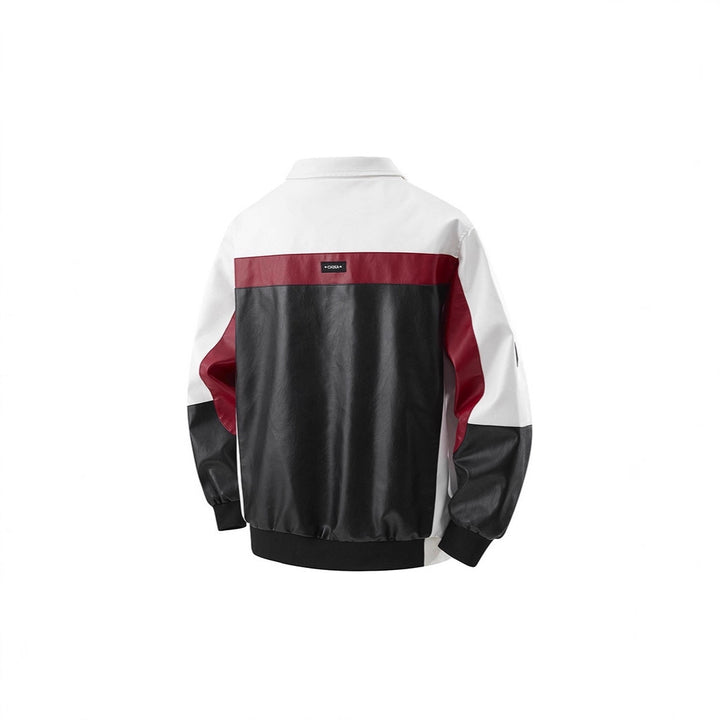 Men's Colorblock Faux Leather Bomber Jacket with Stand Collar and Double-Sided Zipper Mune Fashion