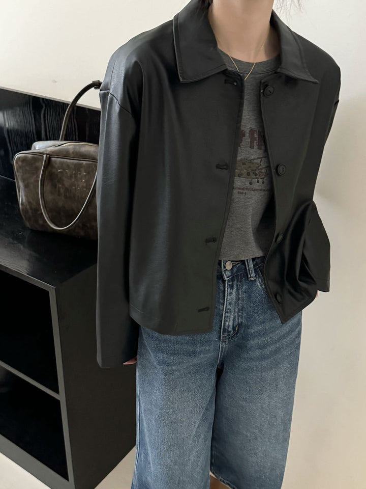 Women Short Boxy Leather Jacket with Shirt Collar Mune Fashion