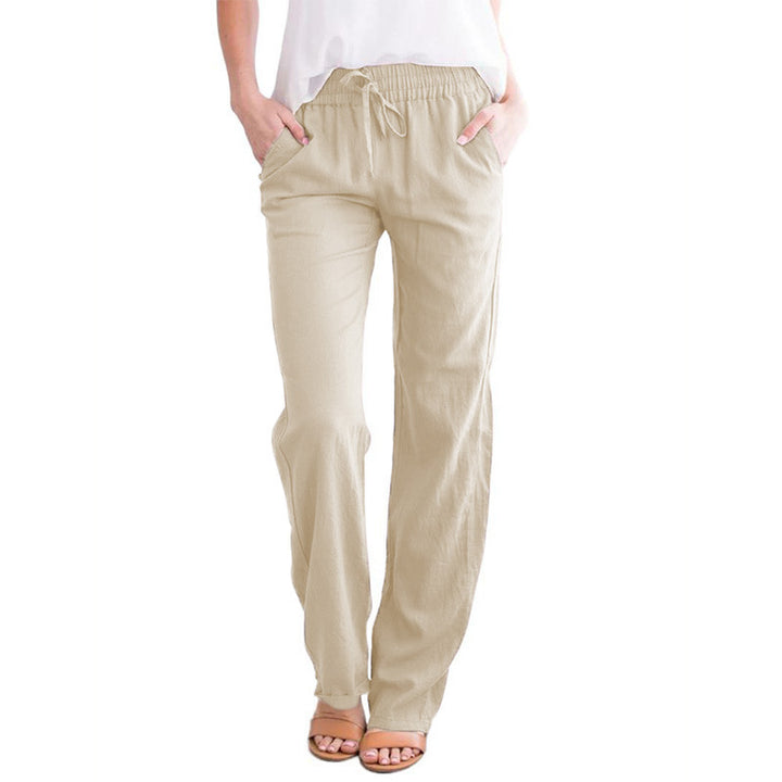 Women Light Linen Look Palazzo Pants with Elastic Waist, Drawstring and Side Pockets Mune Fashion