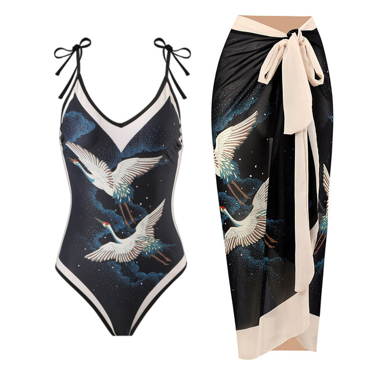 Women's One-Piece Swimsuit with Stylish Crane Design Mune Fashion
