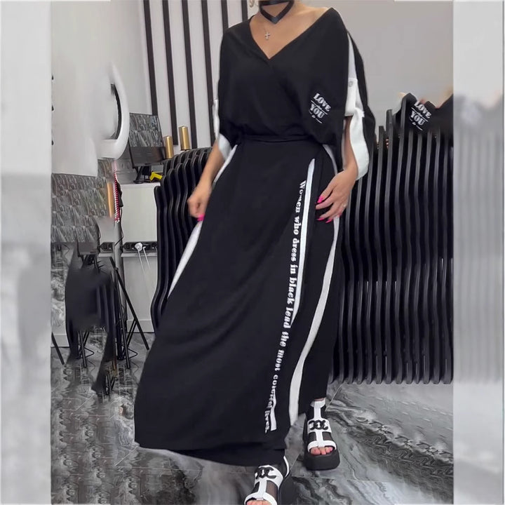 Women's sporty-elegant maxi dress with V-neck, waist belt, contrast side band, and chest pocket Mune Fashion
