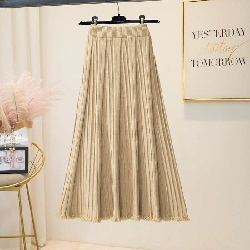 Women's Pleated Maxi Skirt with Elastic Waistband and Fringed Hem Mune Fashion