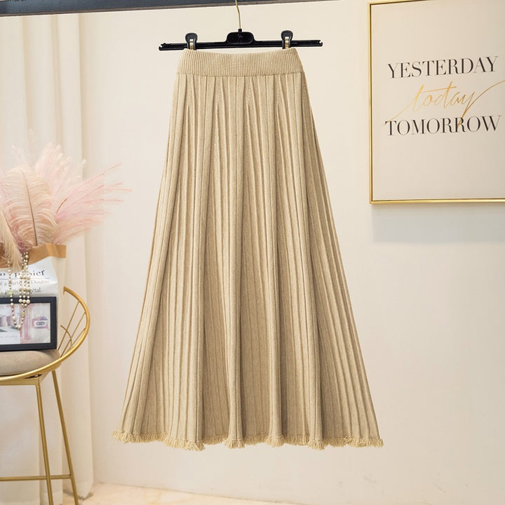 Women's Pleated Maxi Skirt with Elastic Waistband and Fringed Hem Mune Fashion