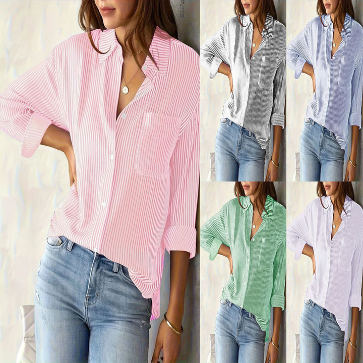 Women's Lightweight Oversized Shirt Blouse with Vertical Stripes, Kent Collar and Three-Quarter Sleeves Mune Fashion