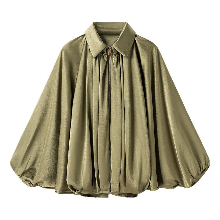 Women Silky-flowing Cape Blouse with Zipper, Balloon Sleeves, and Shirt Collar Mune Fashion