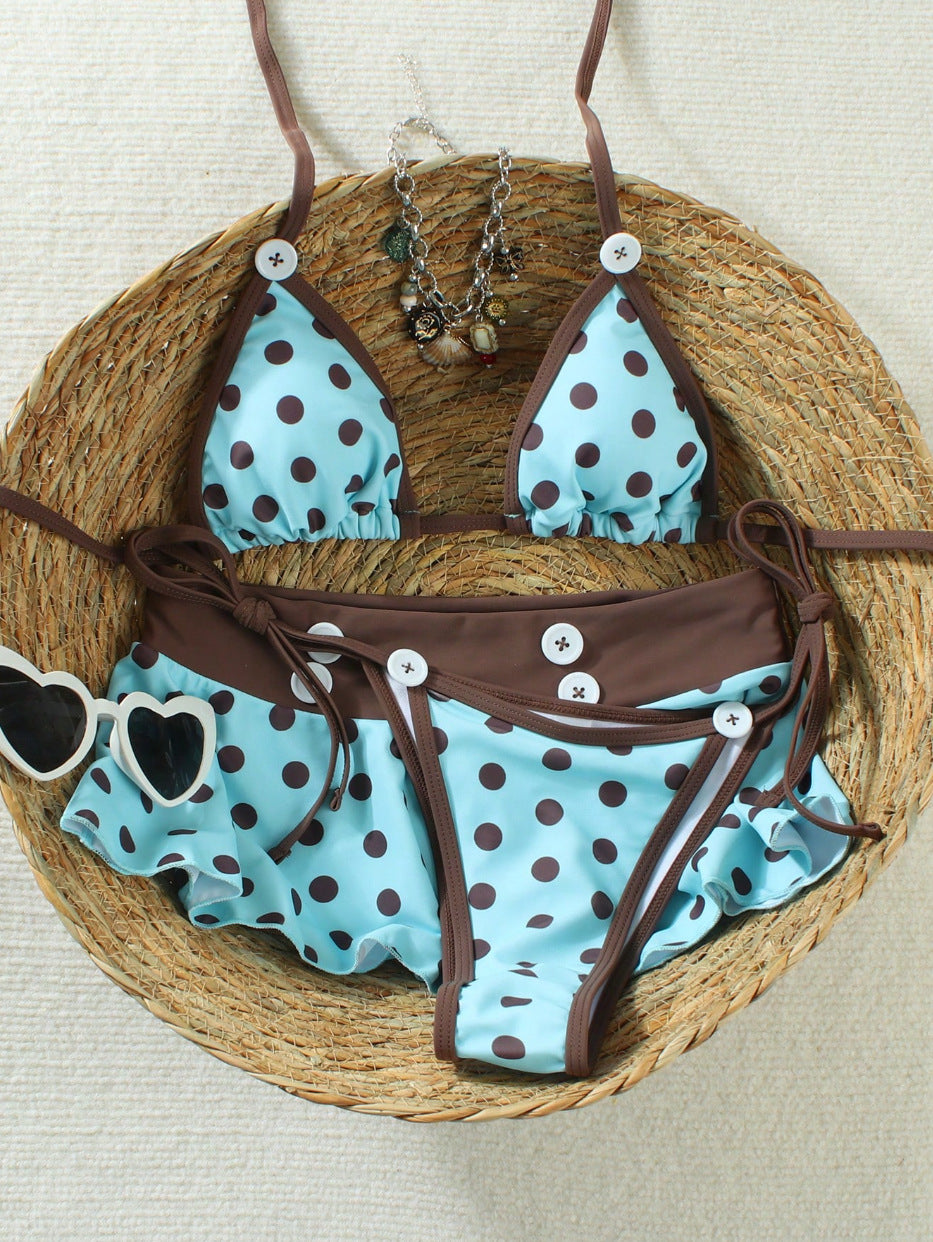 Women Triangle Bikini with Ruffles and Fashionable Polka Dot Design Mune Fashion