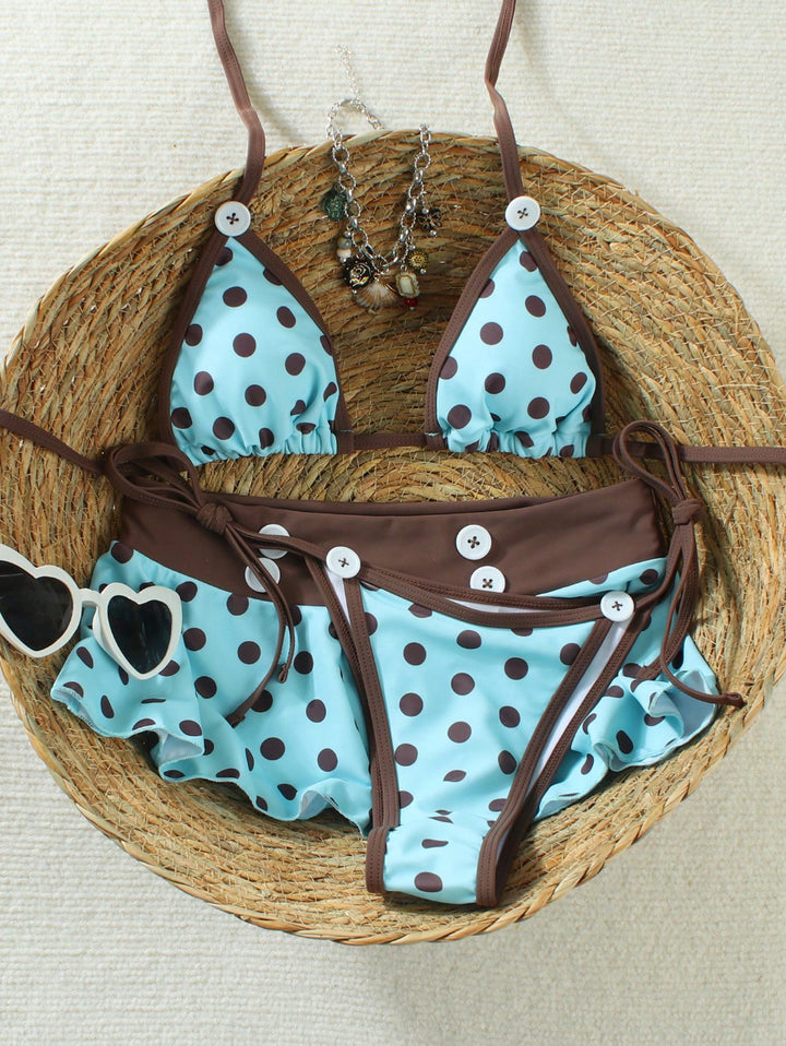 Women Triangle Bikini with Ruffles and Fashionable Polka Dot Design Mune Fashion