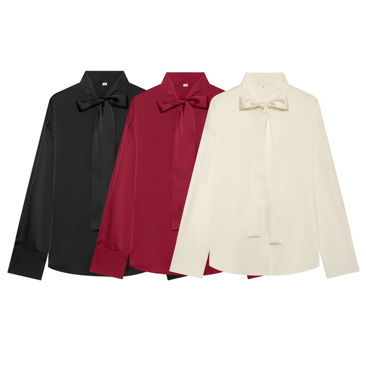 Women's blouse with bow collar and flowing satin look Mune Fashion