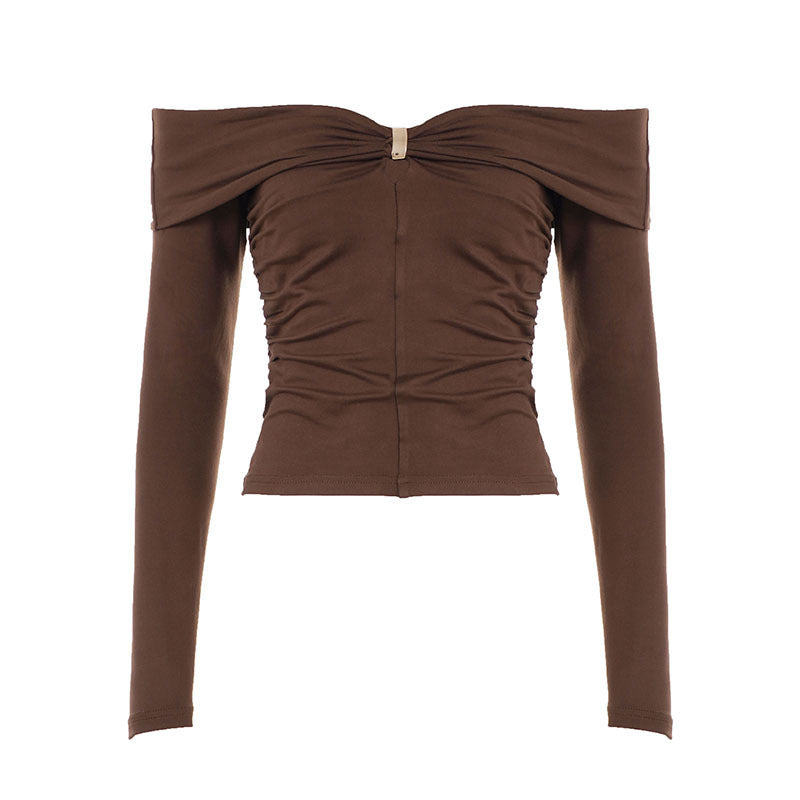 Women's Off-Shoulder Ruched Long Sleeve Cami with Decorative Clip Mune Fashion