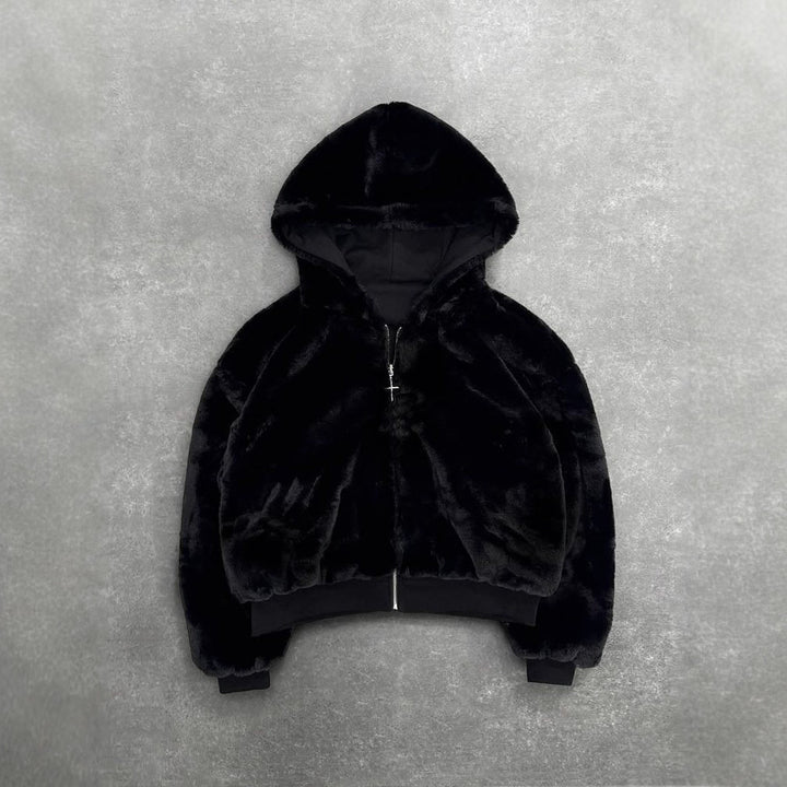 Unisex hooded sweatshirt jacket with faux fur lining, cropped cut and cross zipper Mune Fashion