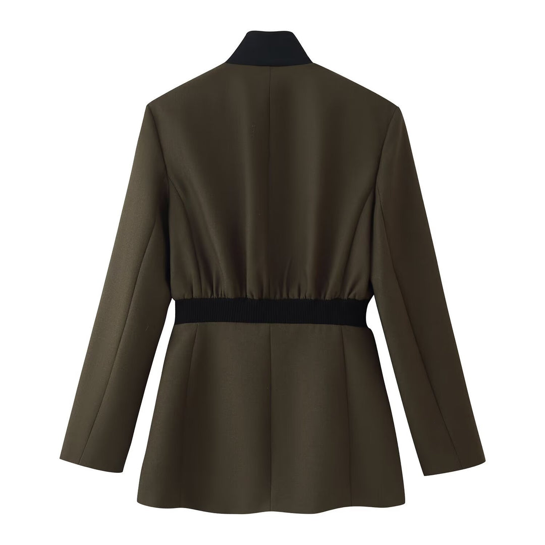 Women Tailored Transitional Blazer with Elastic Ribbed Waistband and Stand Collar Mune Fashion